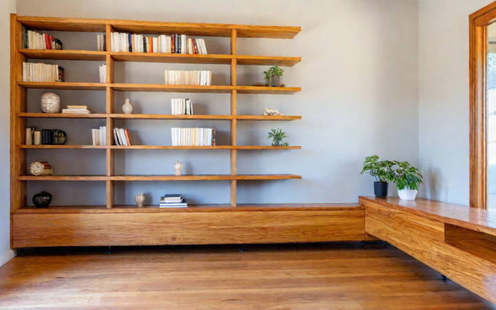 A contemporary home interior featuring a large wooden bookshelf filled with books and decorative items, paired with a wooden bench on polished hardwood flooring.